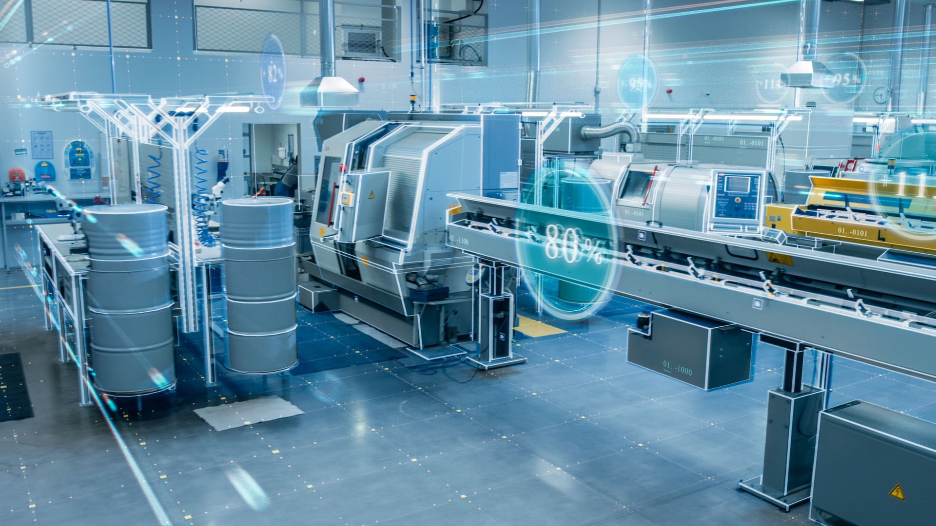 Futuristic Concept: Factory Digitalization with Information Showing Efficiency Percentage of High-Tech Modern Electronics Facility. CNC Automatic Machinery Manufacturing Products Using IoT Industry