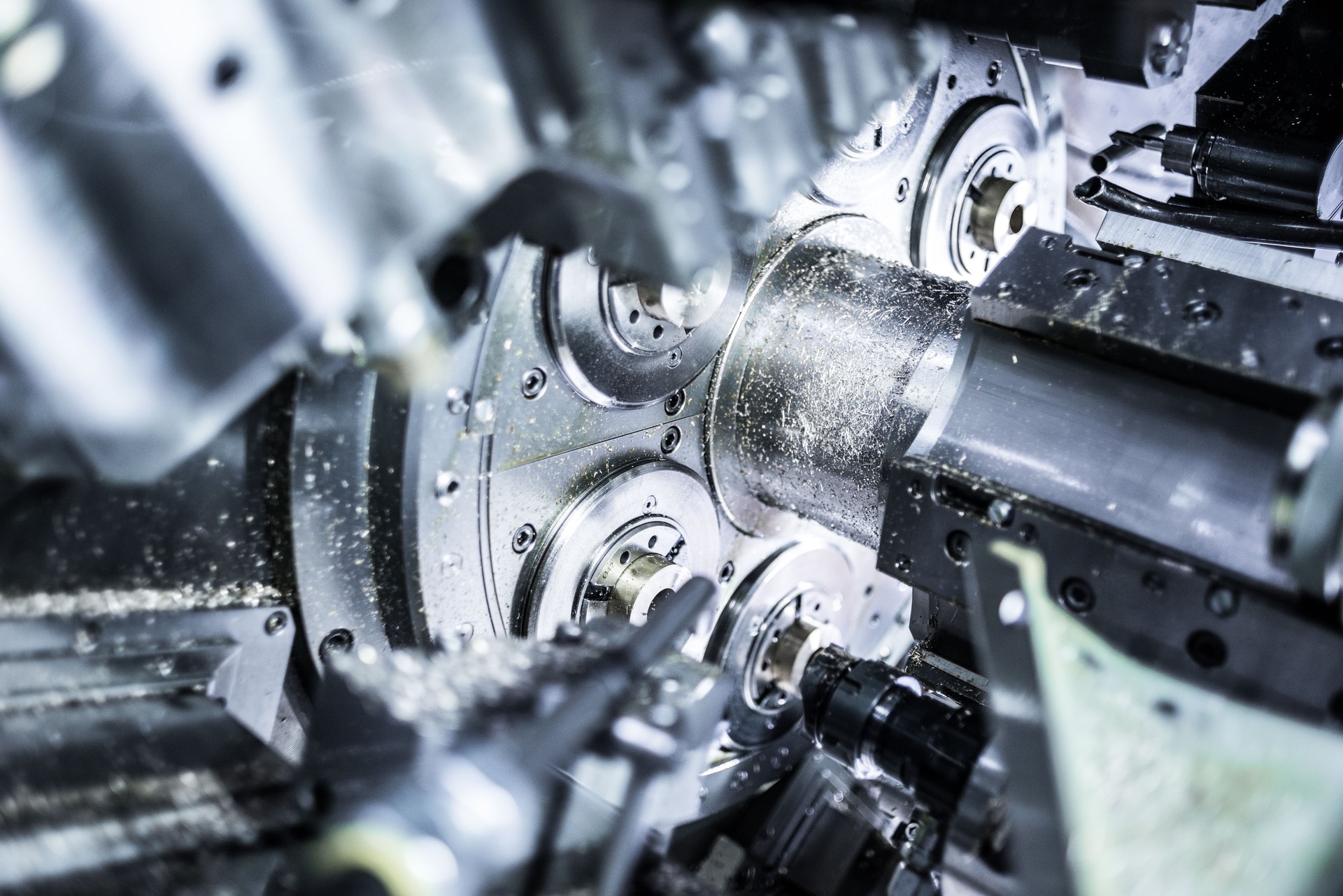 Inside of a CNC multi-spindle lathe machine